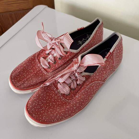 Keds Taylor Swift Shoes Womens Size 7.5 Red Speckle Canvas Ribbon Laces WF48680M - Picture 2 of 10